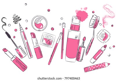 Sketch of cosmetics products, fashion makeup banner. Brushes, powder palettes, lipstick, eye pencil, nail polish vector illustrations set. Cosmetics shop, beauty salon