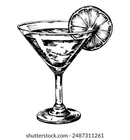 Sketch of a cosmopolitan with a citrus twist, front view, on a white background