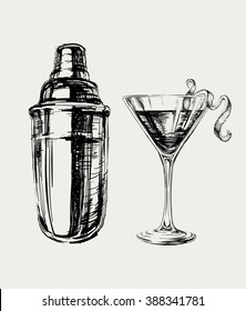 Sketch Cosmopolitan Cocktails and Shaker Vector Hand Drawn Illustration Drinks