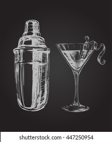 Sketch Cosmopolitan Cocktails and Shaker Vector Hand Drawn Illustration