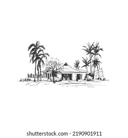 sketch of cottage surrounded by palm tree with tropical vibe for resort or cottage logo.