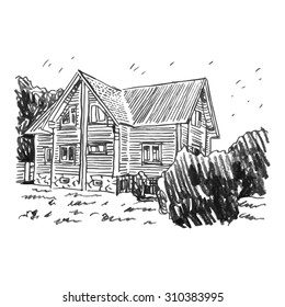 A sketch of a cottage. Vector freehand pencil drawing.