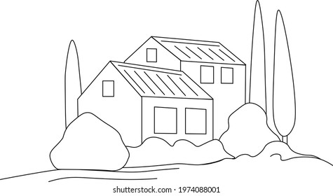 Sketch of country houses, farm, farm houses in line art style