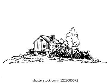 Sketch of countryside house surrounded by trees Hand drawn vector illustration