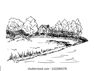 Sketch Countryside House Surrounded By Trees Stock Vector (Royalty Free ...