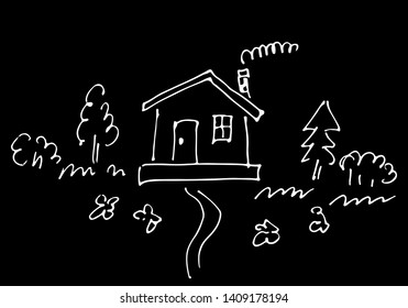 Sketch of countryside house surrounded by trees and flowers isolated on black background. Hand drawn vector illustration