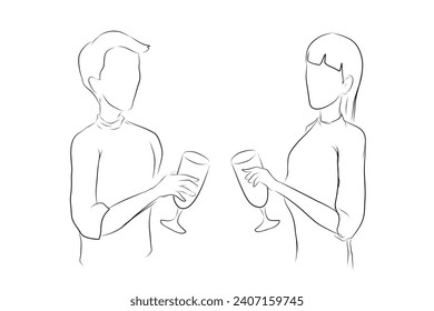 Sketch of the couple is being dinner and drinking together in the context of the celebration