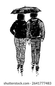 Sketch of couple casual young citizens walking under umbrellas in raining outdoors, vector realistic hand drawing, black and white illustration isolated on white