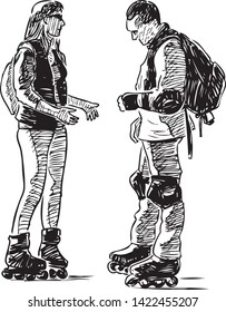 Sketch of a couple of citizens on the roller skates standing and talking