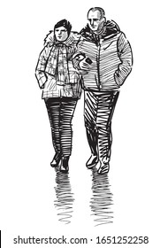 Sketch of couple citizens walking along street