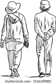 Sketch of couple of citizens walking down the street