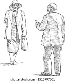 Sketch of couple of elderly citizens meeting on the street