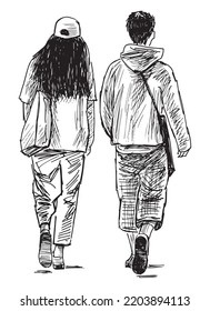 Sketch of couple modern young people walking outdoors