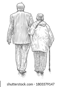 Sketch of couple old people walking together along street 