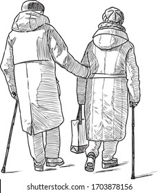 Sketch of couple old spouses with canes walking along street