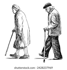 Sketch of couple old spouses with canes walking outdoors together, vector hand drawing isolated on white