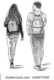 Sketch of a couple of students going on a stroll