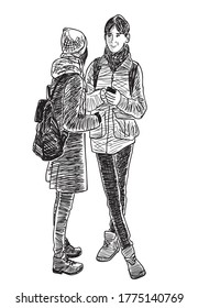 Sketch of couple students standing and talking outdoors