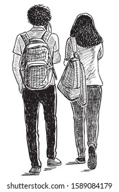 Sketch of couple of teen students walking along street on summer day