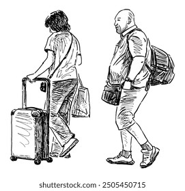 Sketch of couple tourists with backpack and suitcase walking, side view, realistic hand drawing isolated on white, vector illustration
