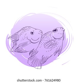 Sketch of couple of tropical fish on purple round blot background, Hand drawn vector illustration