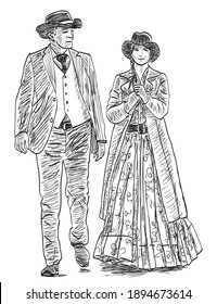 Sketch of couple in vintage costumes of Wild west