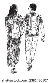 Sketch of couple young casual citizens with backpacks walking on summer day