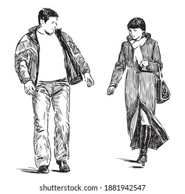 Sketch of couple young cheerful citizens walking together along street