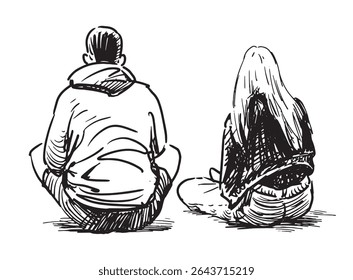 Esboço de casal jovens sentados para descansar ao ar livre, vista traseira, ilustração vetor desenhada à mão realista isolado no branco