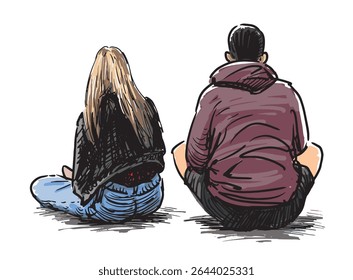 Sketch of couple young people sitting for resting outdoors, back view, realistic hand drawn vector illustration isolated on white