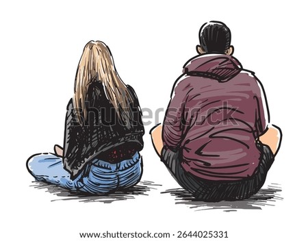 Sketch of couple young people sitting for resting outdoors, back view, realistic hand drawn vector illustration isolated on white