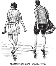 Sketch of couple young people walking barefoot on seashore