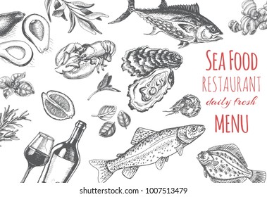 Sketch cover menu of seafood restaurant.