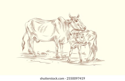 esboço de vaca e bezerro desenhado à mão. gado. gado. pastoreio animal. ilustração vetorial