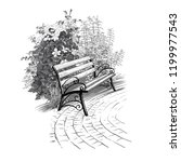 Sketch of a cozy corner of the park. Bench on the background of flowering bushes.Hand drawn vector illustration. 