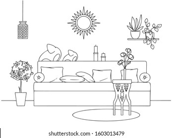 Sketch a cozy living room in boho style. Sofa, table and various decor elements. Vector illustration in sketch style.