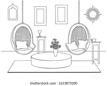 Sketch a cozy living room in boho style. Suspended chairs and various decorative elements. Vector illustration in sketch style.