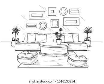 Sketch a cozy living room in boho style. Sofa, table and various decor elements. Vector illustration in sketch style.