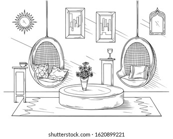 Sketch a cozy living room in boho style. Suspended chairs and various decorative elements. Vector illustration in sketch style.