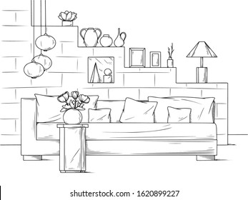 Sketch a cozy living room in boho style. Sofa, table and various decor elements. Vector illustration in sketch style.