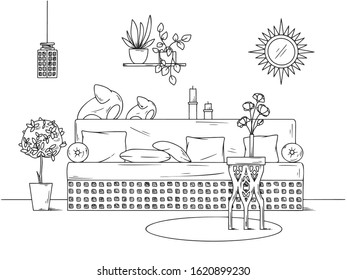 Sketch a cozy living room in boho style. Sofa, table and various decor elements. Vector illustration in sketch style.