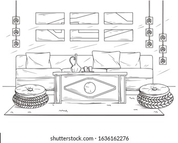 Sketch a cozy living room in boho style. Sofa, table and various decor elements. Vector illustration in sketch style.