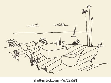 Sketch of cozy place on the pier, sea view dinner, vector illustration