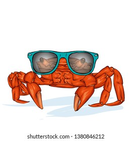 Sketch crab with sunglasses vector.  Hand drawn seafood illustration. Great for menu, poster or label.