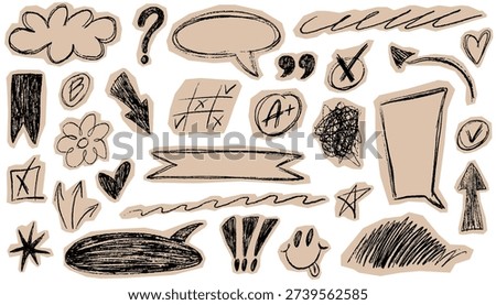 Sketch craft scrapbook doodle elements. Cut out hand drawn crayon pen underline, speech bubbles, arrows, heart, stars, scribbles. Vector torn craft paper shapes with funky texture for design collages