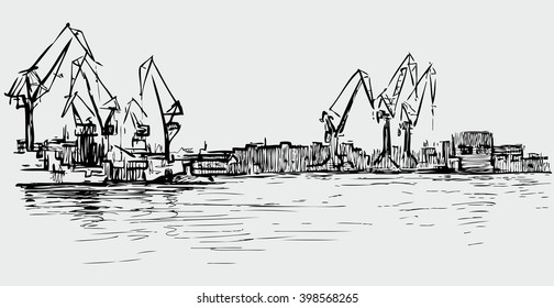sketch of the cranes in the seaport