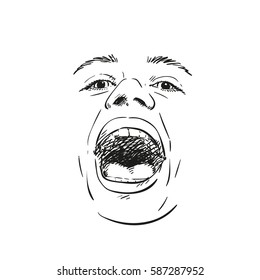 Esboço de rosto de menina cremosa isolado no fundo branco. Conceito de emoções das pessoas, ilustração de vetor desenhada à mão