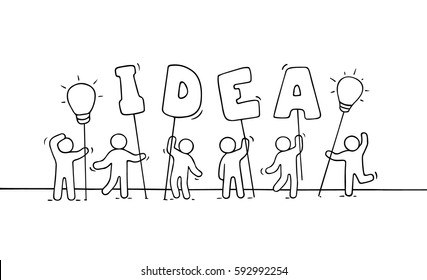 Sketch of creative little people. Doodle cute miniature scene with word Idea. Hand drawn cartoon vector illustration for social media and business design.