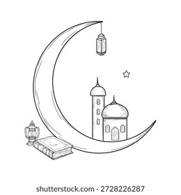 Bosquejo de una luna creciente y una linterna, cúpulas y minaretes de mezquitas islámicas y el Corán. Ilustración vectorial. Símbolos que representan la arquitectura islámica y la fe, aislados sobre un fondo blanco.