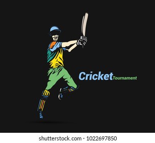 Sketch of cricket player, bat, helmet, vector illustration